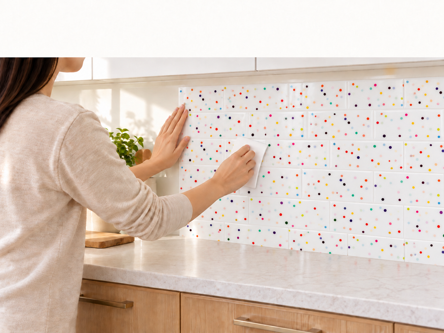 Confetti Brick installation: Align the tile sheet and press it onto the wall.