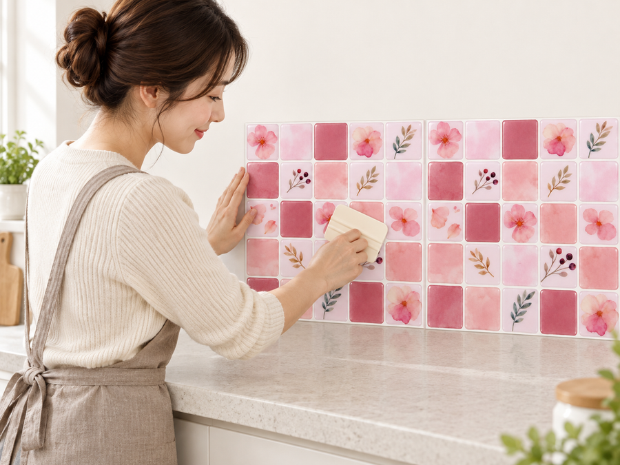 Blush Floral installation: Align the tile sheet and press it onto the wall.