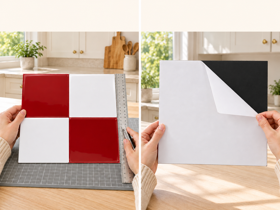 Red & White Checkerboard installation: Trim the tile sheet and peel its backing as needed.