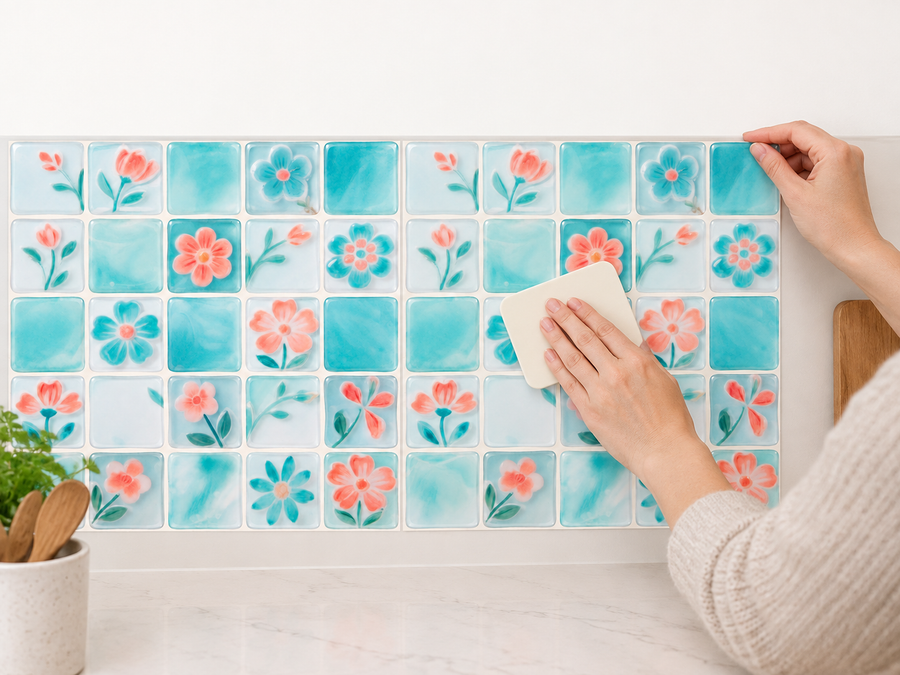 Aqua Floral installation: Align the tile sheet and press it onto the wall.