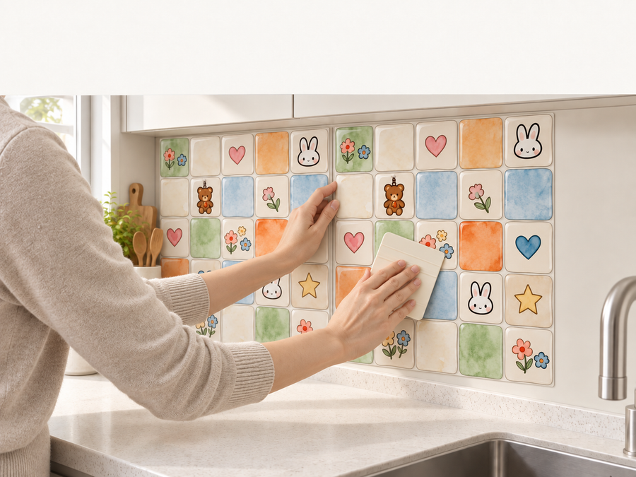Bunny Doodles installation: Align the tile sheet and press it onto the wall.