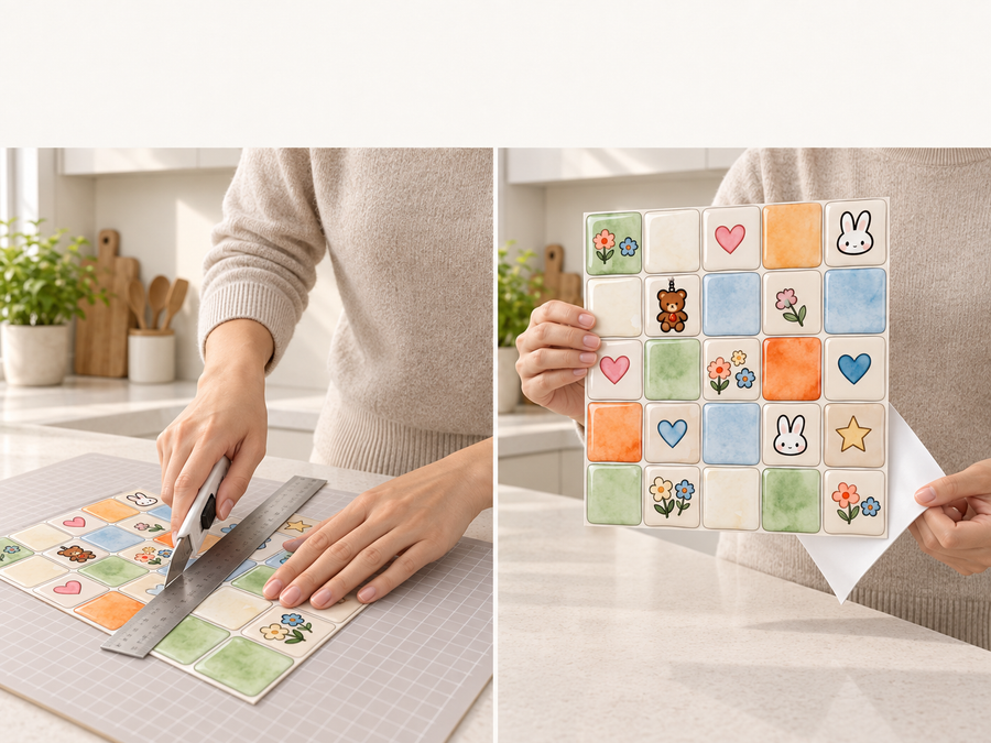 Bunny Doodles installation: Trim the tile sheet and peel its backing as needed.