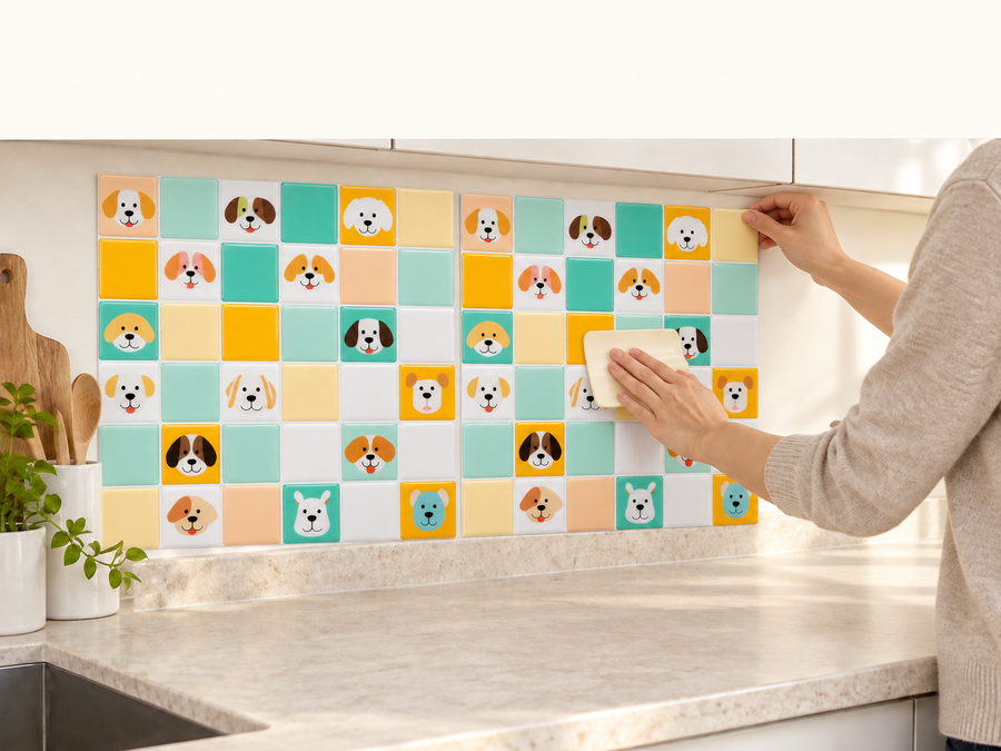 Playful Puppies installation: Align the tile sheet and press it onto the wall.