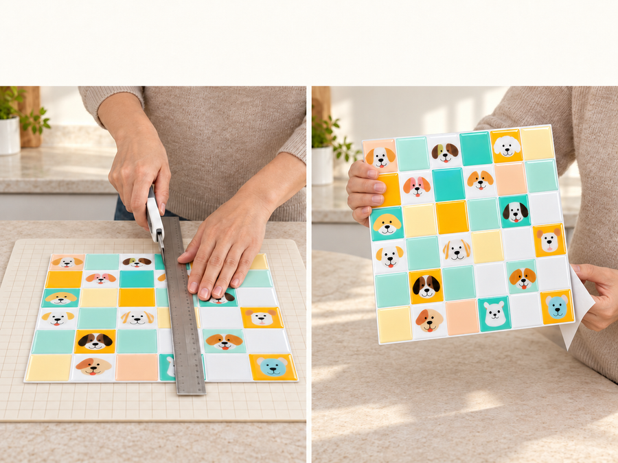 Playful Puppies installation: Trim the tile sheet and peel its backing as needed.