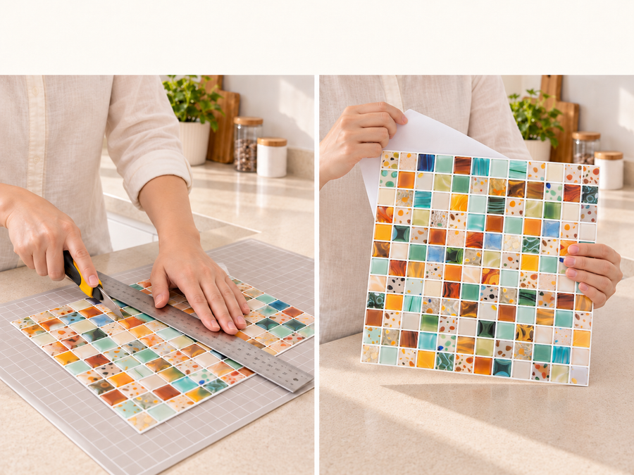Colorful Mosaic installation: Trim the tile sheet and peel its backing as needed.