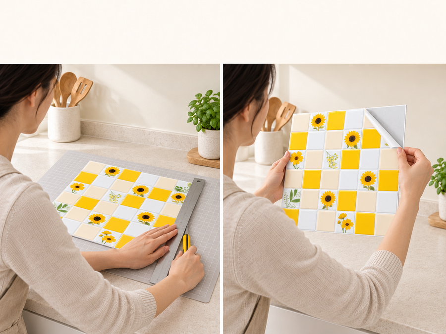 Sunflower Yellow installation: Trim the tile sheet and peel its backing as needed.