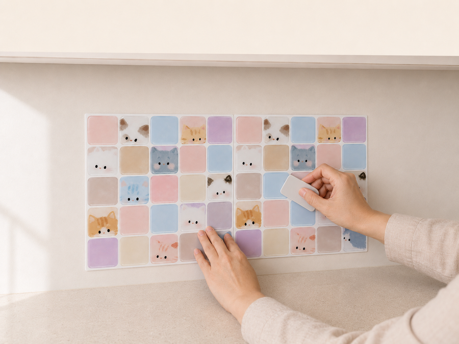 Pastel Cats installation: Align the tile sheet and press it onto the wall.