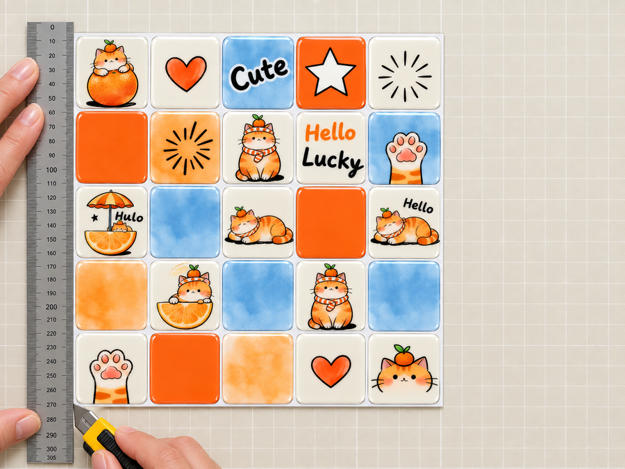 Lucky Cats installation: Measure and plan the tile layout.