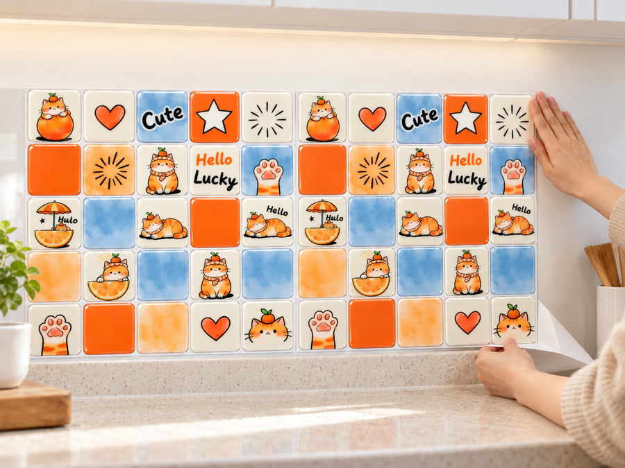 Lucky Cats installation: Align the tile sheet and press it onto the wall.