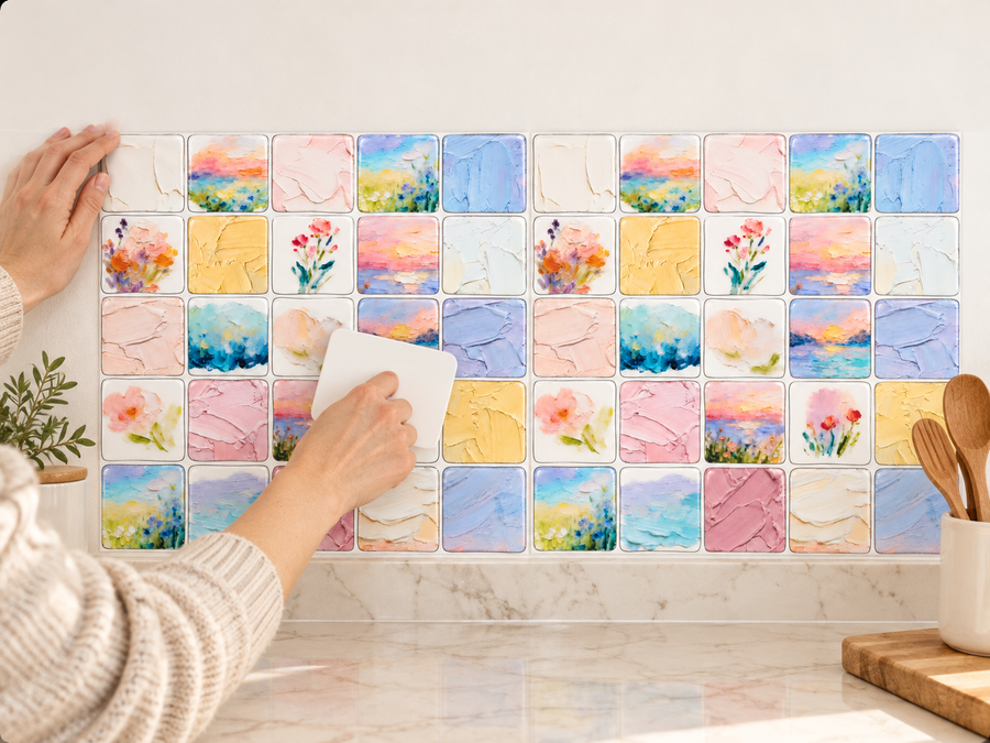 Pastel Watercolor installation: Align the tile sheet and press it onto the wall.