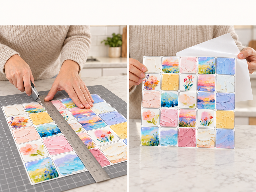 Pastel Watercolor installation: Trim the tile sheet and peel its backing as needed.