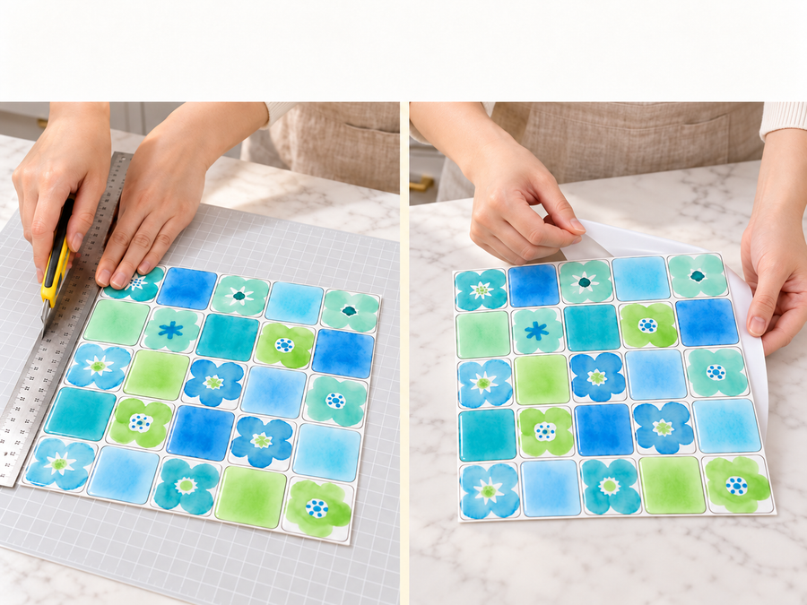 Blue Meadow installation: Trim the tile sheet and peel its backing as needed.