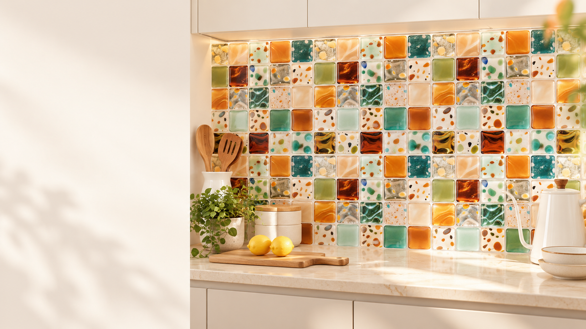 Warm Patchwork kitchen styling illustration