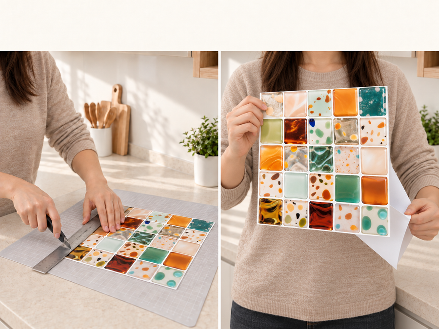 Warm Patchwork installation: Trim the tile sheet and peel its backing as needed.