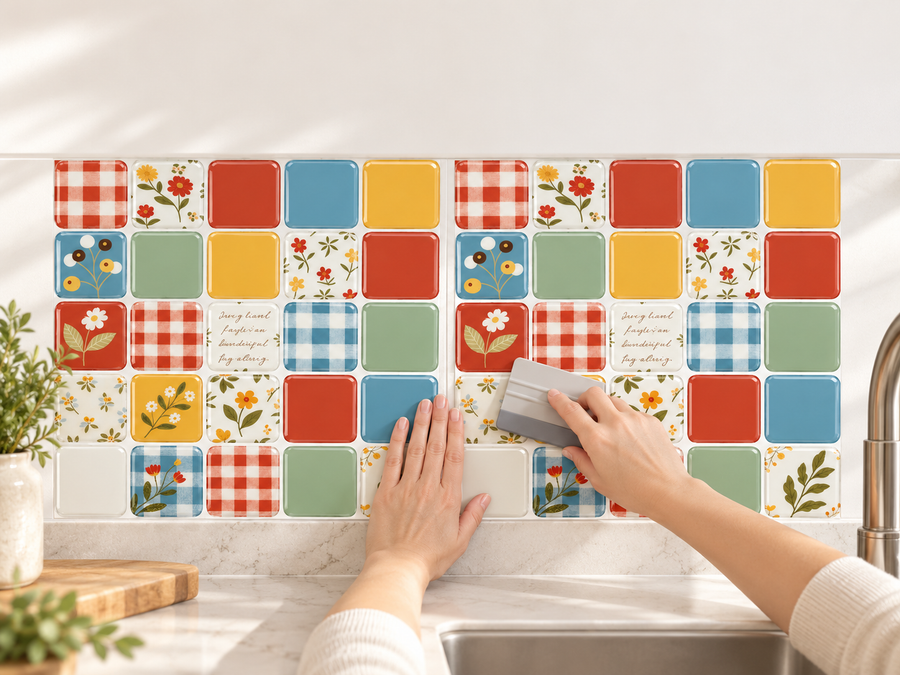 Cottage Patchwork installation: Align the tile sheet and press it onto the wall.