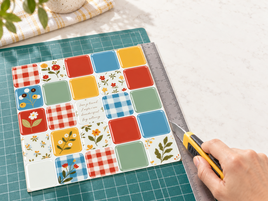 Cottage Patchwork installation: Trim the tile sheet and peel its backing as needed.
