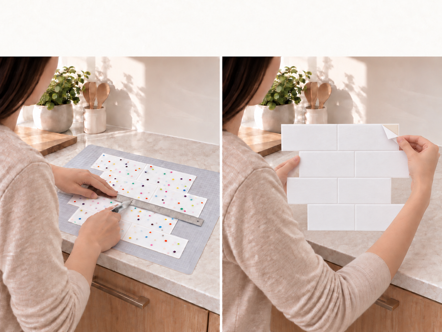 Confetti Brick installation: Trim the tile sheet and peel its backing as needed.