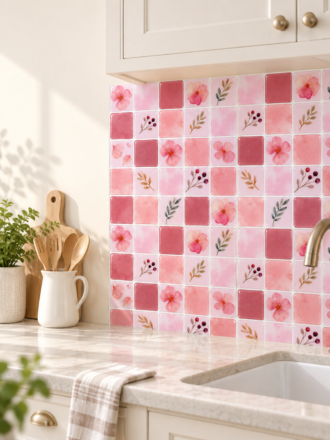 Blush Floral peel-and-stick wall tile — kitchen styling illustration