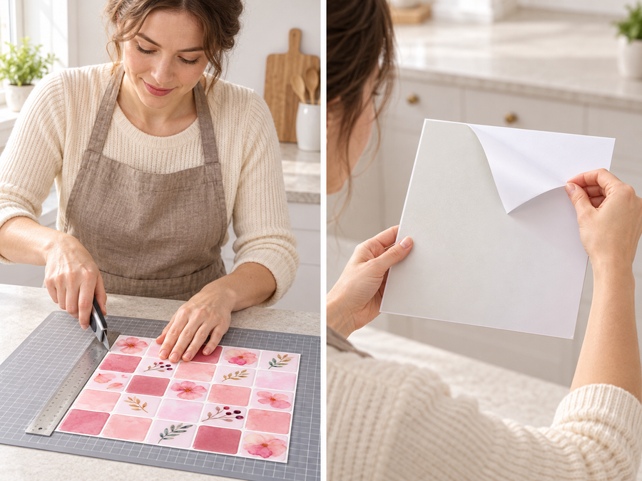 Blush Floral installation: Trim the tile sheet and peel its backing as needed.