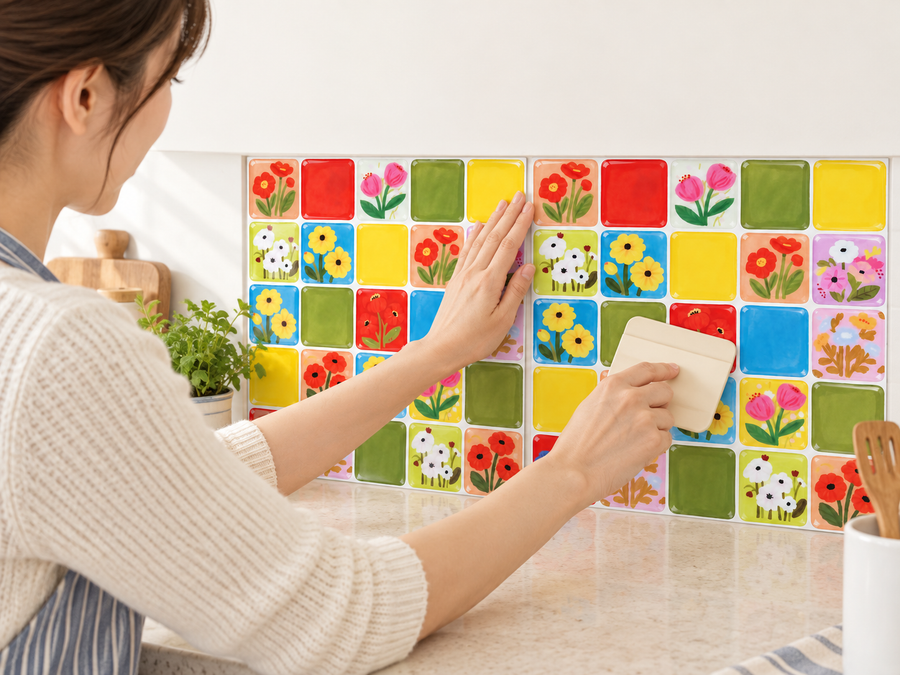 Retro Garden installation: Align the tile sheet and press it onto the wall.