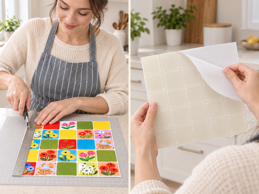 Retro Garden installation: Trim the tile sheet and peel its backing as needed.