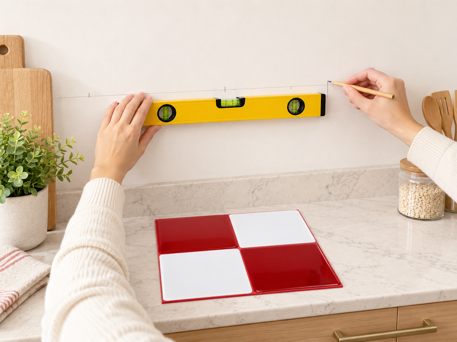 Red & White Checkerboard installation: Measure and plan the tile layout.