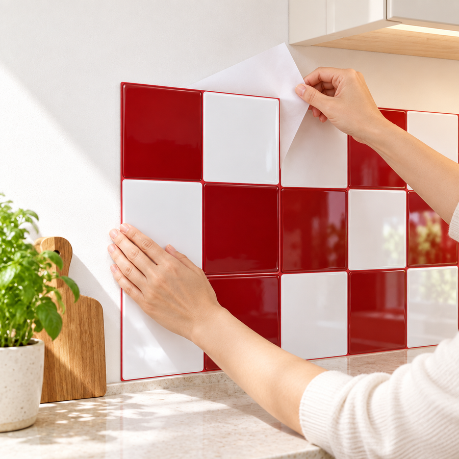 Red & White Checkerboard installation: Align the tile sheet and press it onto the wall.