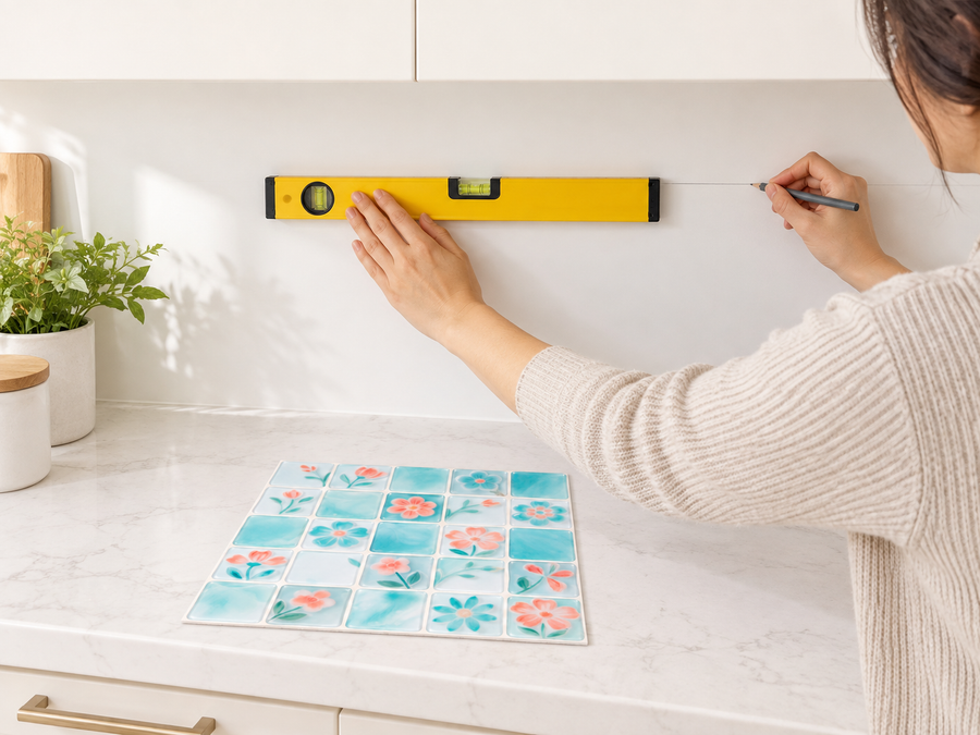 Aqua Floral installation: Measure and plan the tile layout.
