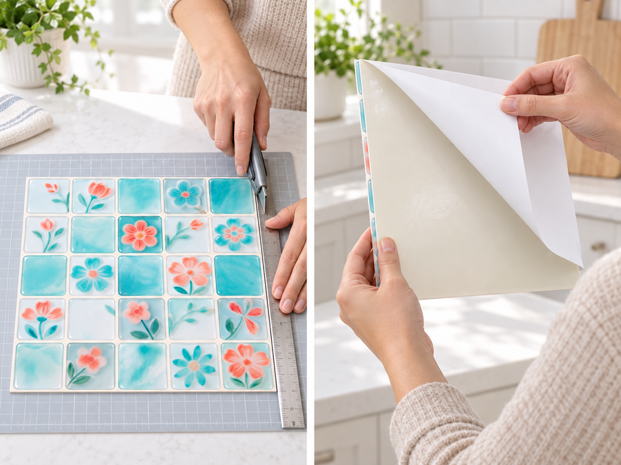 Aqua Floral installation: Trim the tile sheet and peel its backing as needed.