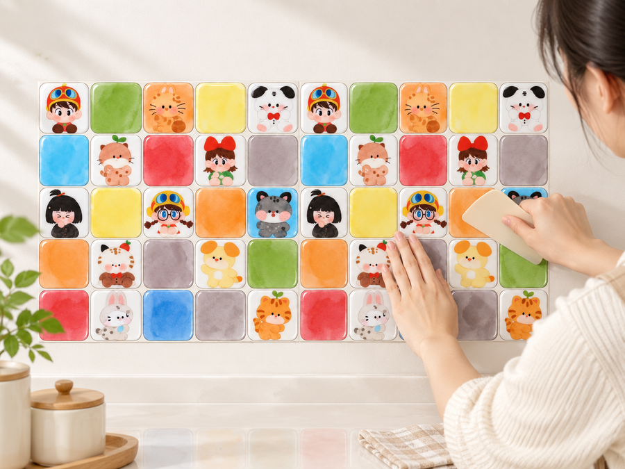 Little Faces installation: Align the tile sheet and press it onto the wall.