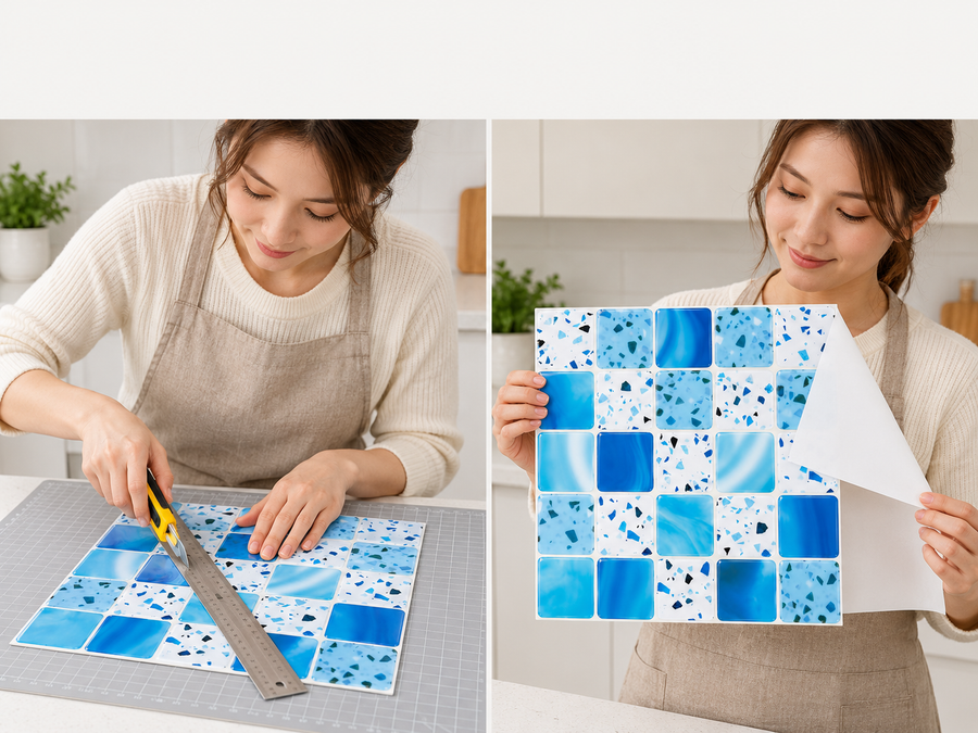 Blue Terrazzo installation: Trim the tile sheet and peel its backing as needed.