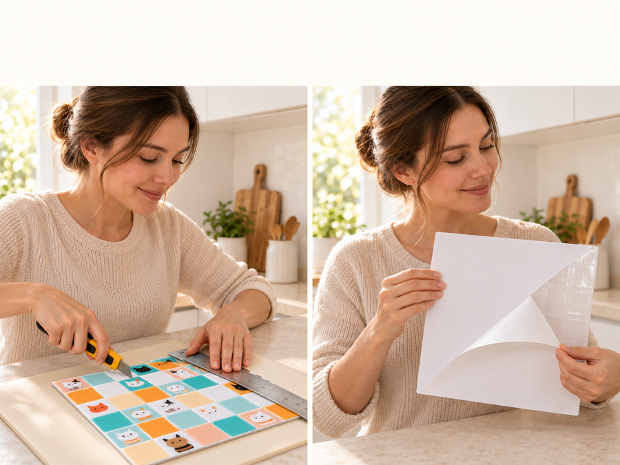Playful Cats installation: Trim the tile sheet and peel its backing as needed.