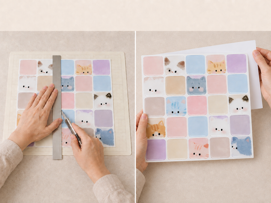 Pastel Cats installation: Trim the tile sheet and peel its backing as needed.