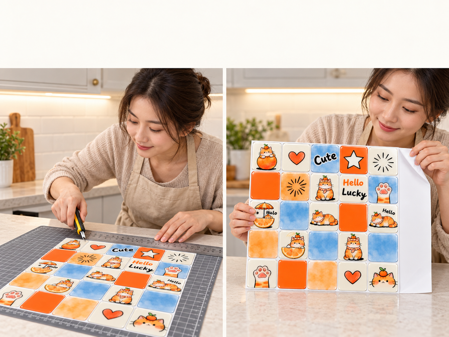 Lucky Cats installation: Trim the tile sheet and peel its backing as needed.