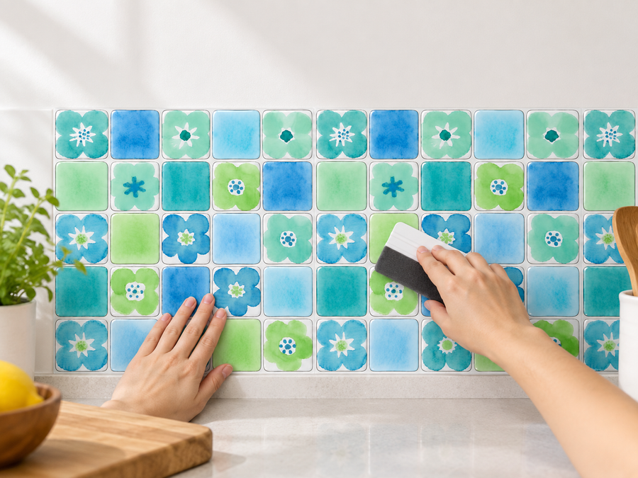 Blue Meadow installation: Align the tile sheet and press it onto the wall.