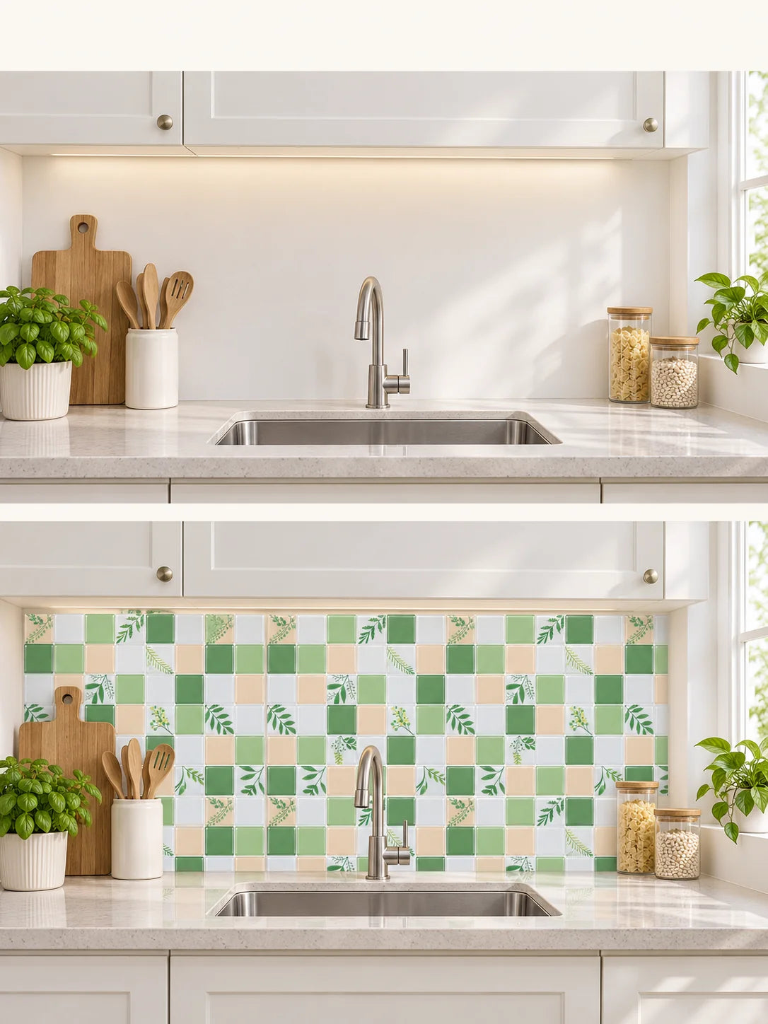 Two stacked kitchen styling illustrations: a plain backsplash above and green botanical tiles below.