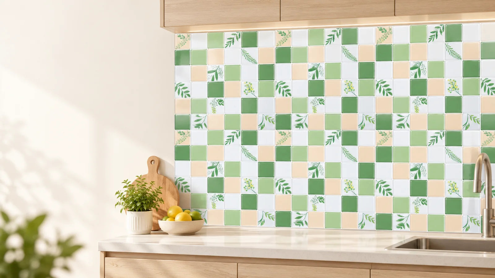 Kitchen styling illustration with green botanical wall tiles, pale oak cabinets and a bright countertop.