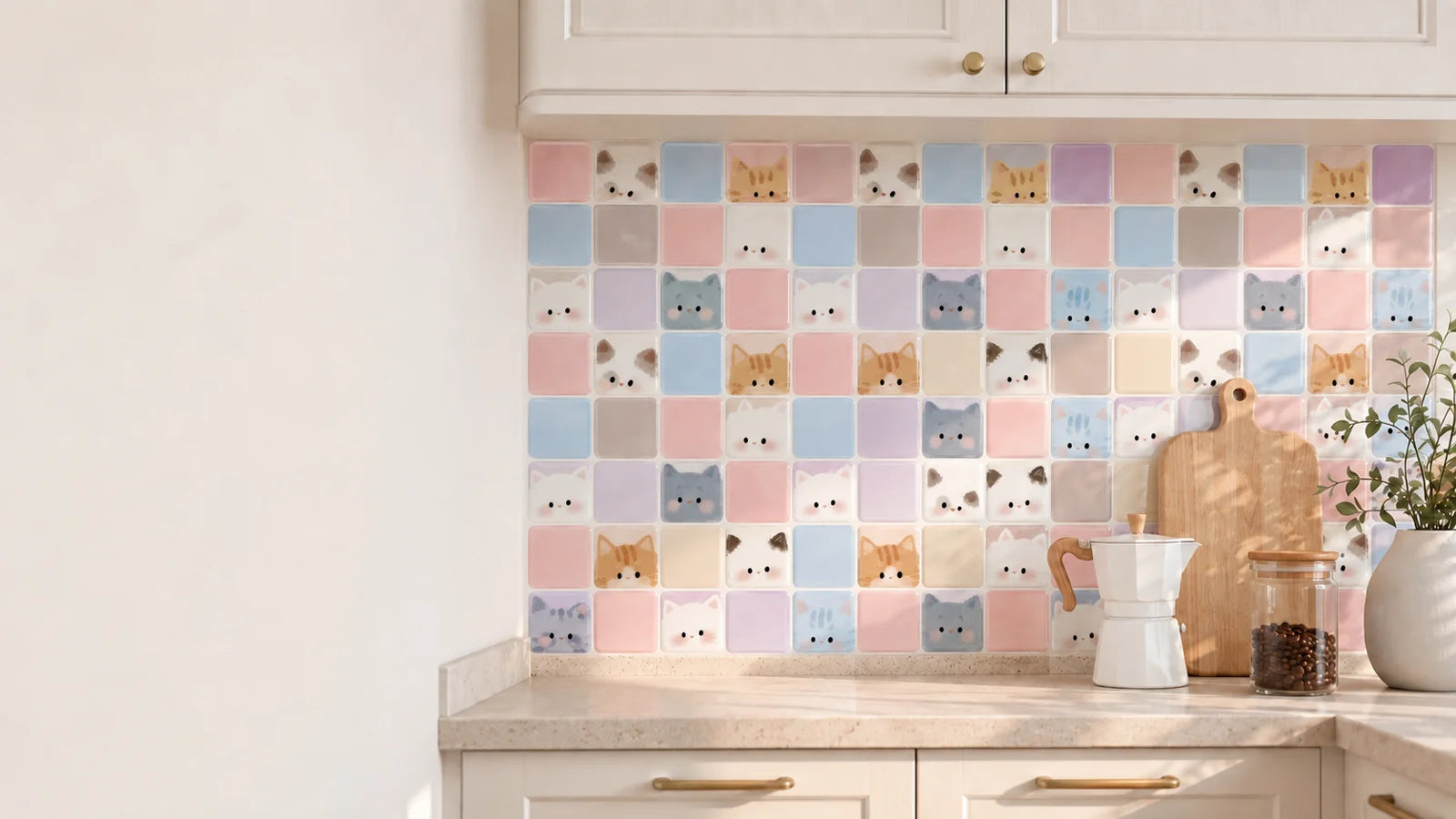 Kitchen styling illustration with pastel cat-pattern wall tiles
